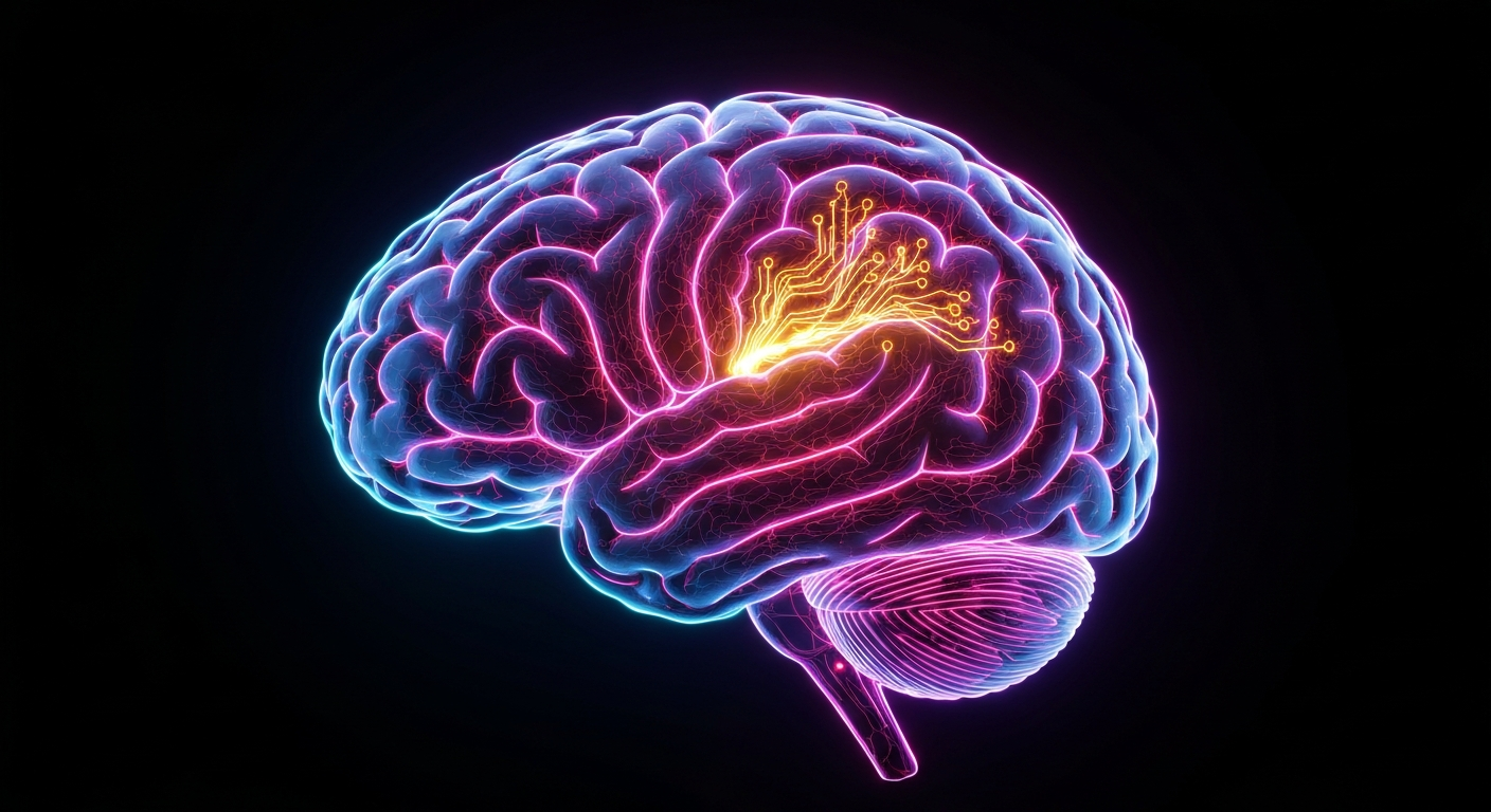 A minimalist design in the style of Keith Haring where the outline of a human brain is defined entirely by glowing, vibrant neon lines against a deep, dark background, emphasizing the shape and energy of the brain.