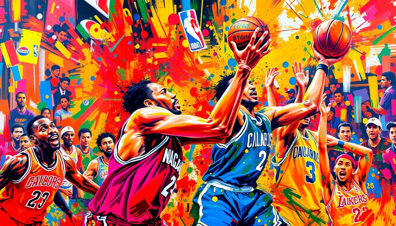 An abstract, energetic painting featuring bold, neon-colored brushstrokes that evoke the fast-paced action and excitement of an NBA basketball game.