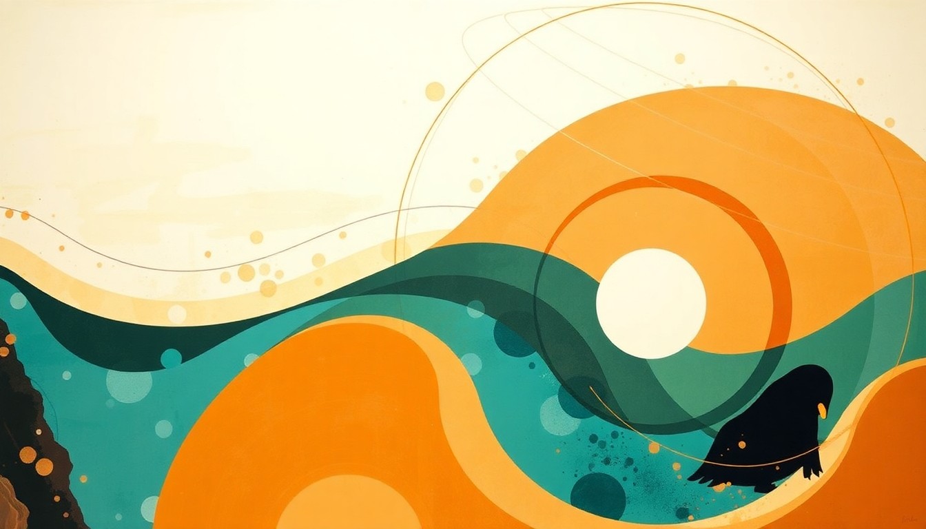 A highly textured, abstract painting in earthy tones of ochre, sienna, and turquoise, featuring sweeping geometric arcs, concentric circles, and precise botanical spirals, conceptually representing the complex natural forces and structures that have shaped the fossils and minerals on display at the annual Memphis event.