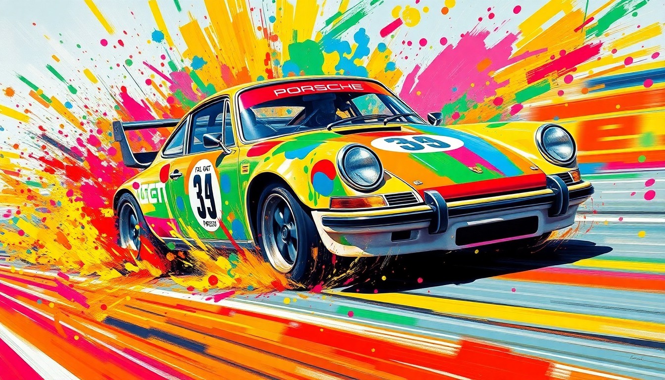 An abstract expressionist painting in neon colors depicting the blurred, dissolving form of a Porsche 911 Cup car racing on a street circuit, conveying the intense speed and energy of the competition.