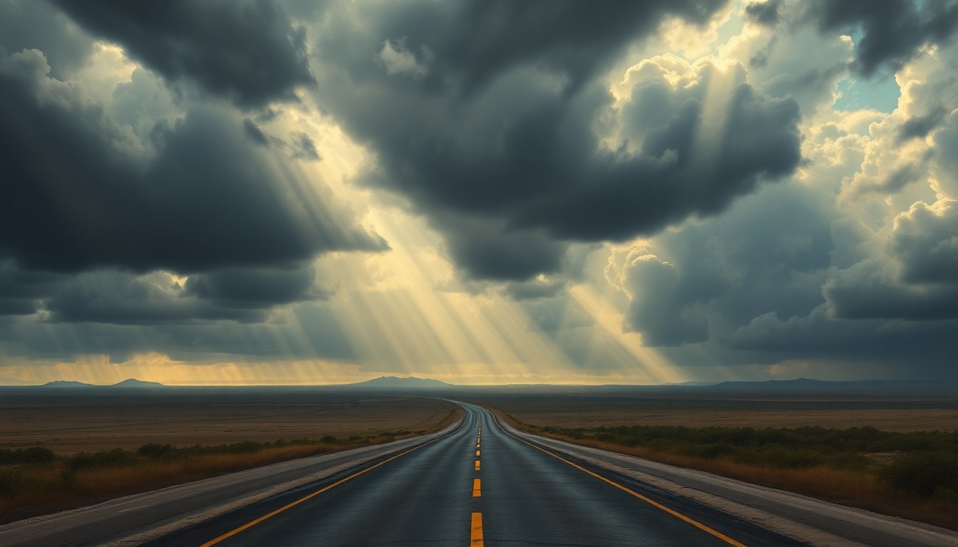 A sweeping, atmospheric landscape painting in muted tones of grey, blue, and gold, depicting a winding road disappearing into the distance under a dramatic, cloudy sky with beams of light breaking through, conveying the scale and power of the natural environment.