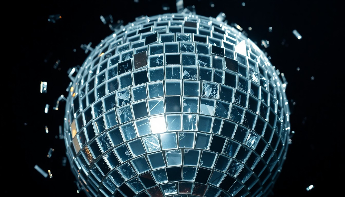 An extreme close-up of shattered, glittering glass fragments reflecting dramatic studio lighting, conveying the allure and excess of classic Hollywood glamour.