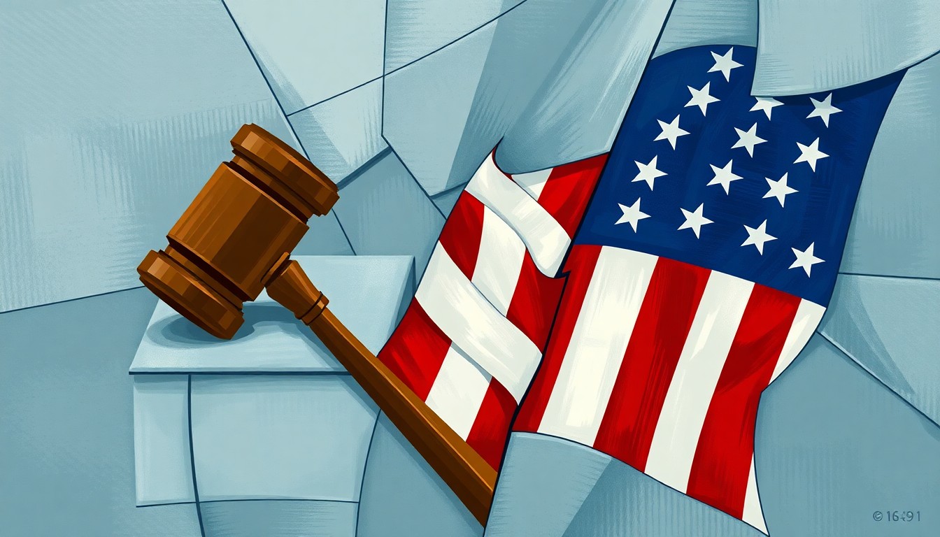 A fractured, abstract painting featuring overlapping geometric shapes in muted shades of blue, grey, and red, representing the chaotic and divisive nature of partisan politics surrounding efforts to remove a former president from office.