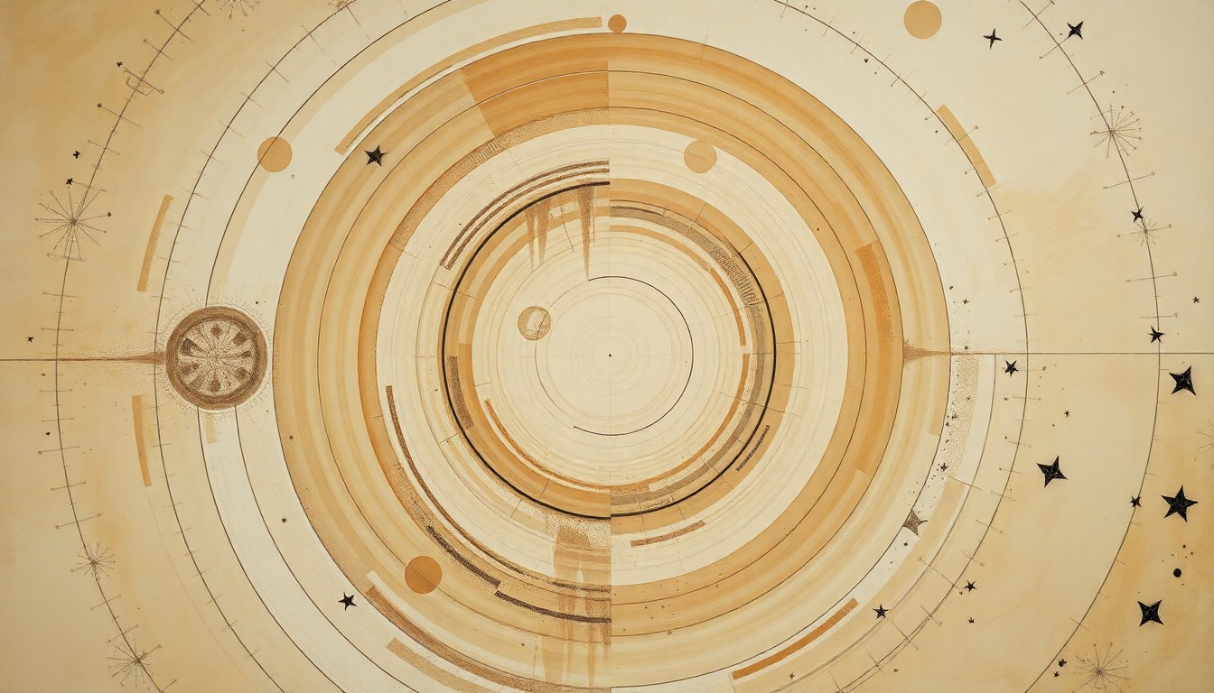 A highly structured abstract painting in soft earth tones, featuring sweeping geometric arcs, concentric circles, and precise botanical spirals, conceptually representing the complex scientific forces and theories behind anti-gravity propulsion and aerospace research.