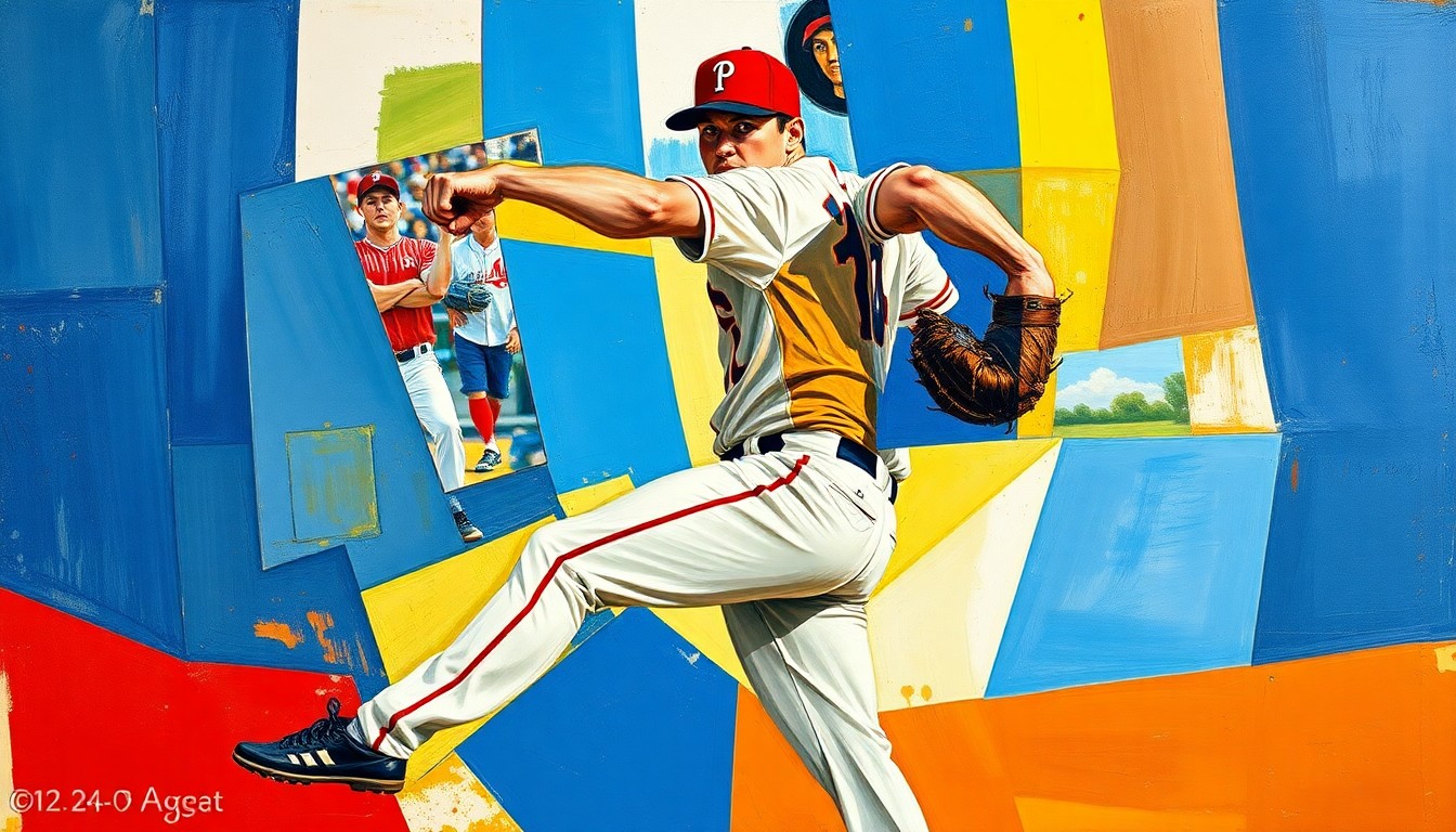 A fractured, geometric painting depicting a baseball pitcher's windup and delivery in a cubist style, with sharp planes of vibrant colors like blue, red, and yellow overlapping to create a dynamic, abstract representation of the sport's athleticism.