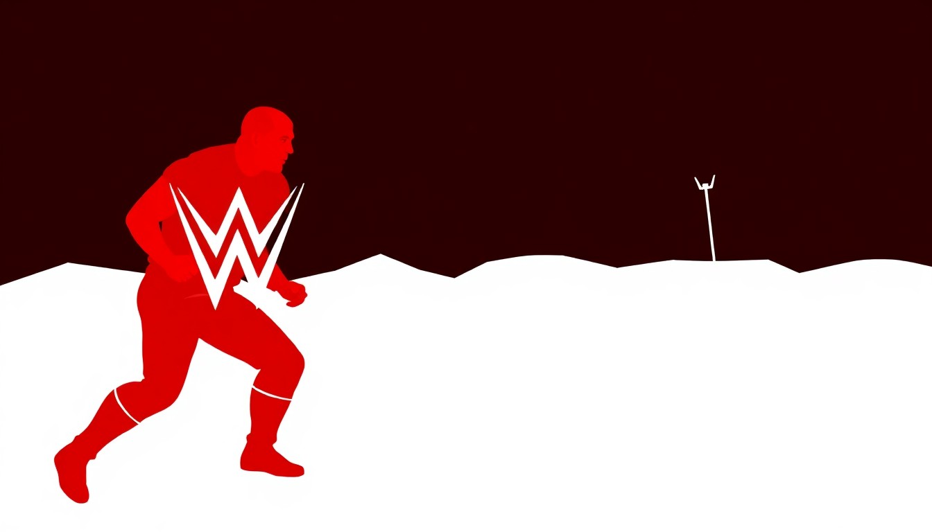 A dynamic abstract composition of red and white geometric shapes, conceptually representing the fusion of professional wrestling and stand-up comedy.