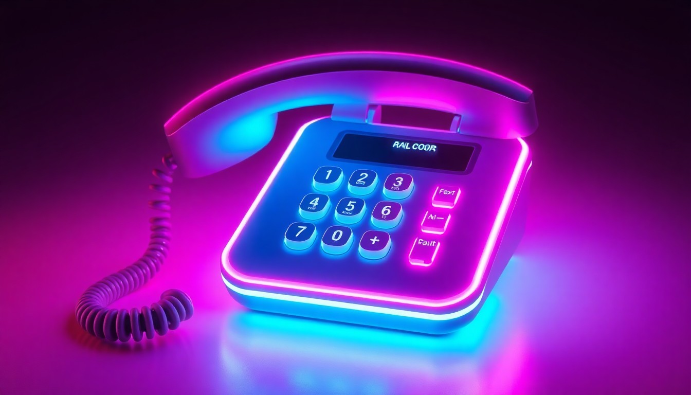 A highly detailed, glowing 3D illustration of a futuristic, neon-lit telephone handset with pulsing cyan and magenta lights, conceptually representing the seamless integration of AI-powered captioning and text-to-speech technology that transforms the phone call experience.