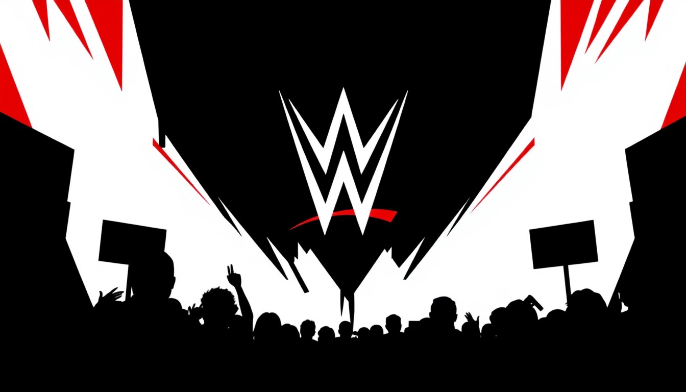 A bold, abstract illustration featuring stark, jagged geometric shapes in red and white, representing the emotional energy of the WWE Hall of Fame ceremony and the fans' reaction to the mention of Vince McMahon.