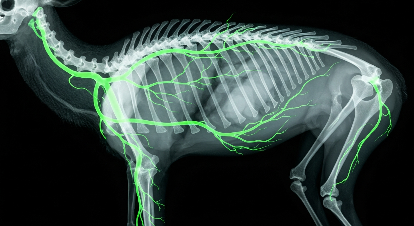 An extreme close-up X-ray photograph revealing the skeletal structure of a deer, with the ghostly lines of its bones glowing against a dark background, conceptually illustrating the hidden spread of bovine tuberculosis in the state's wildlife.