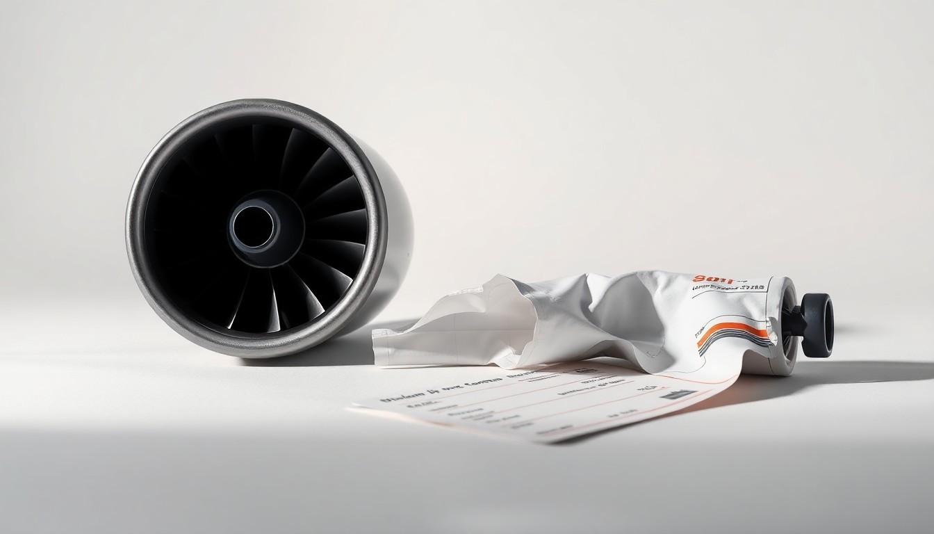 A photorealistic studio still life featuring a jet engine turbine blade, a fuel pump nozzle, and a crumpled airline ticket, arranged elegantly on a clean, monochromatic background to symbolize the abstract corporate and market forces impacting the global aviation industry.