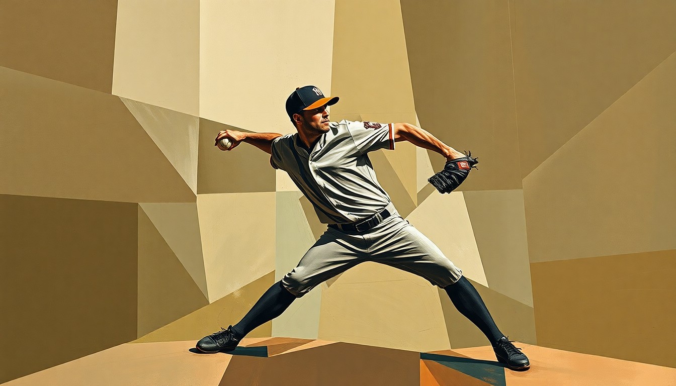 A cubist-style painting depicting a baseball pitcher's throwing motion broken down into fragmented, overlapping geometric shapes in muted earth tones, conveying the complex challenges the Giants face in replacing an injured reliever.