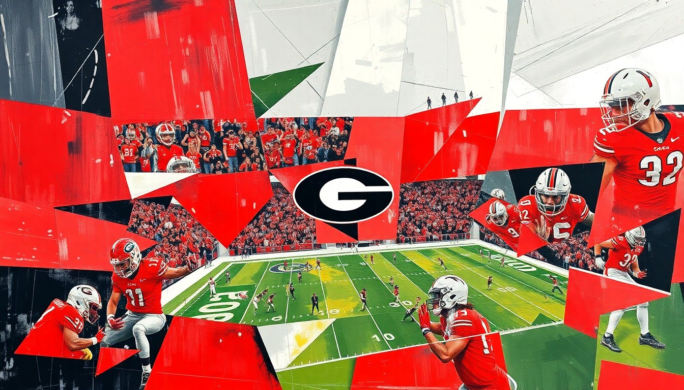 A fragmented, cubist-style painting depicting a Georgia football practice or game, with players and the field broken down into sharp, overlapping geometric shapes in the team's colors, conveying the physicality and intensity of the sport.