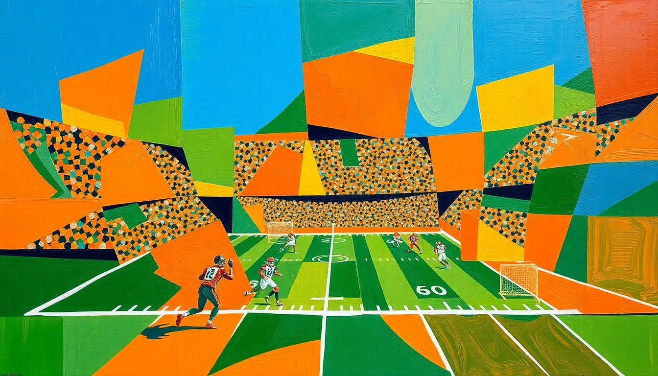 A cubist, geometric painting depicting a fragmented football field with players' forms broken down into overlapping angular shapes in shades of orange, green, and blue.