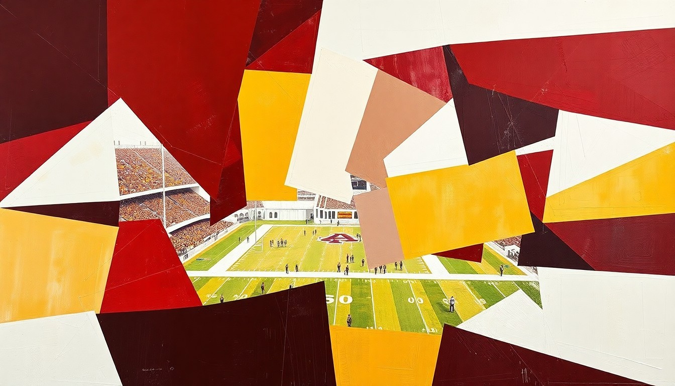 A cubist, geometric painting depicting a Texas A&M football game, with sharp, overlapping planes of maroon, white, and gold representing the players and action on the field.