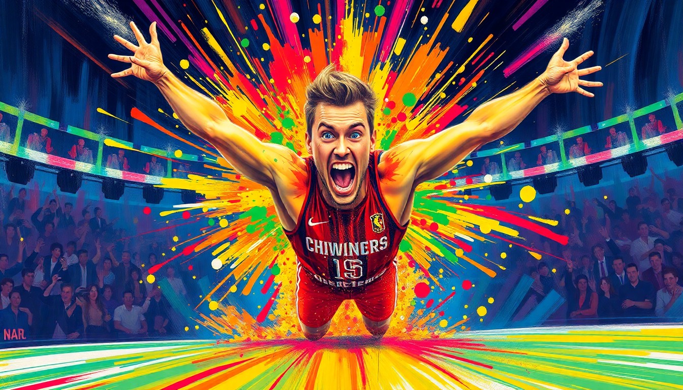 An extreme close-up of iShowSpeed mid-air, his body contorted in a dramatic leap, surrounded by a vibrant explosion of neon paint splatters and brushstrokes that capture the frenetic action of his high-risk move.