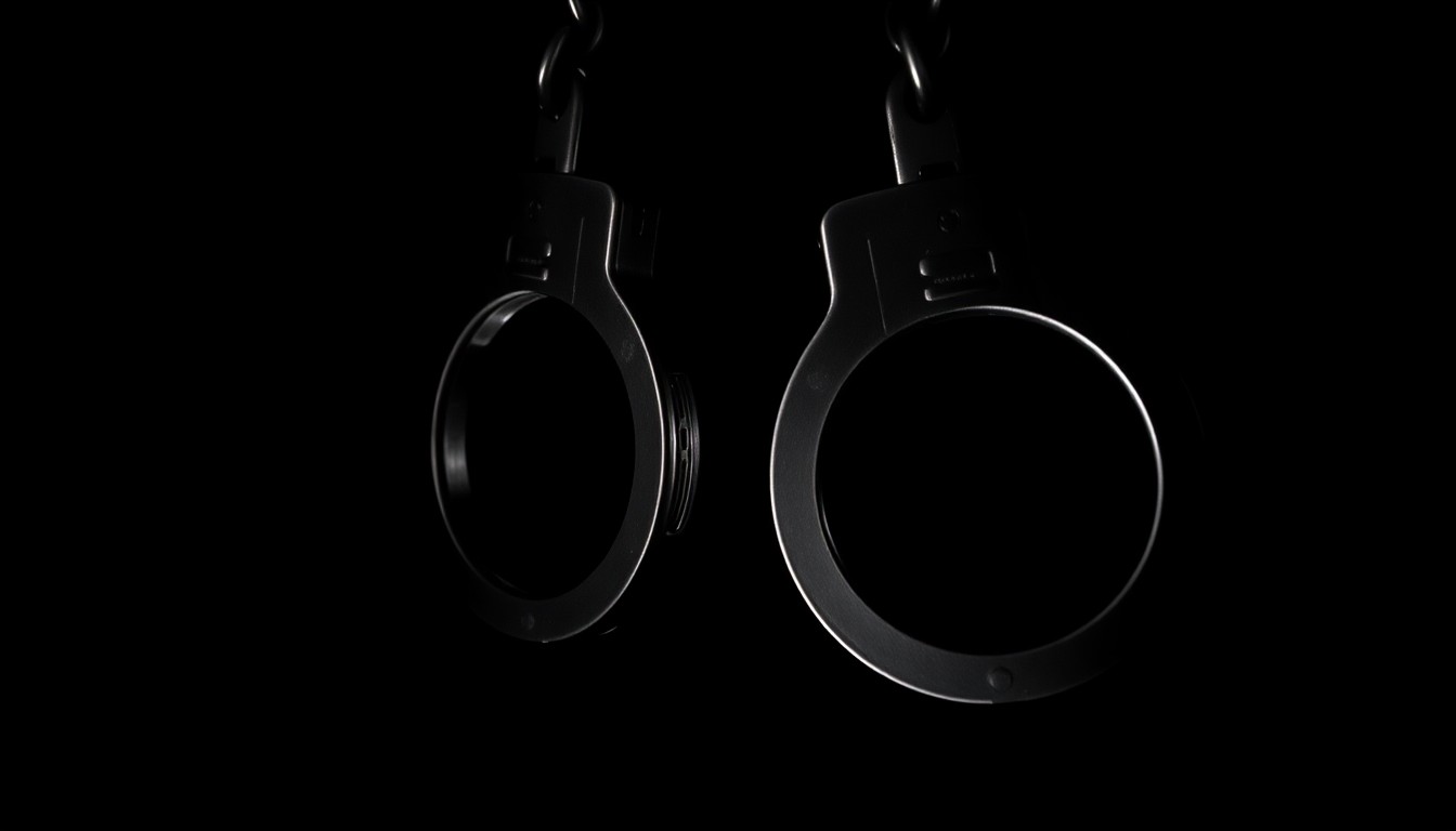 An extreme close-up of a pair of metal handcuffs against a pitch-black background, the harsh flash creating dramatic shadows and textures that convey a sense of the serious, investigative nature of the recent crime trends in the region.