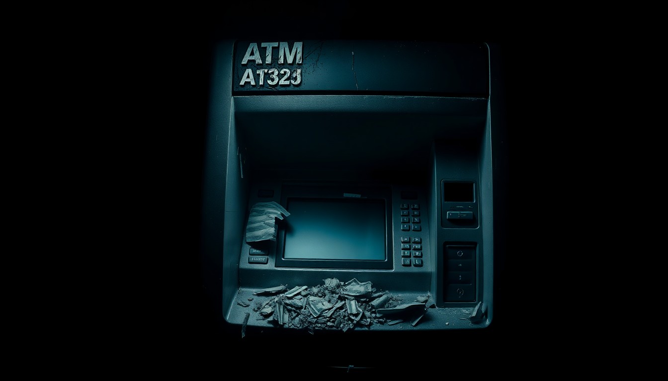 An extreme close-up photograph of a damaged ATM machine, its metal casing dented and scarred, reflecting the harsh lighting of a direct camera flash against a pitch-black background, conceptually illustrating the gritty aftermath of a property crime.