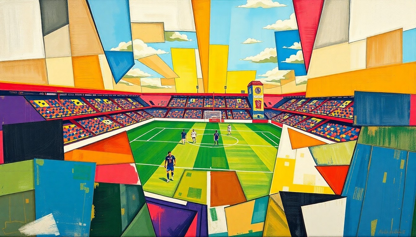 A fractured, geometric painting depicting a soccer match between two teams, with players and the field broken down into sharp, overlapping planes of color and shape.