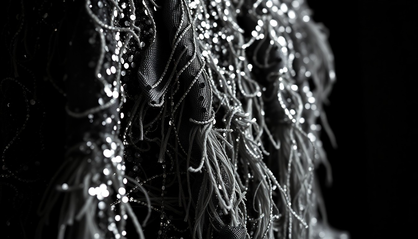 An extreme close-up of the intricate sequin and shredded fabric textures of a shimmering evening gown, captured with dramatic studio lighting to create a high-fashion, glamorous aesthetic.