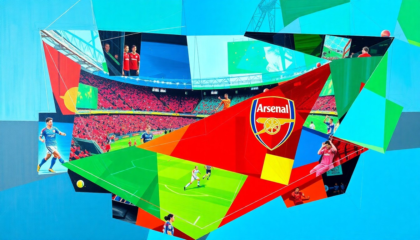 A fragmented, cubist-style painting depicting the intensity and high stakes of a Premier League match between Manchester City and Arsenal, with sharp geometric shapes and planes of color representing the action on the pitch.