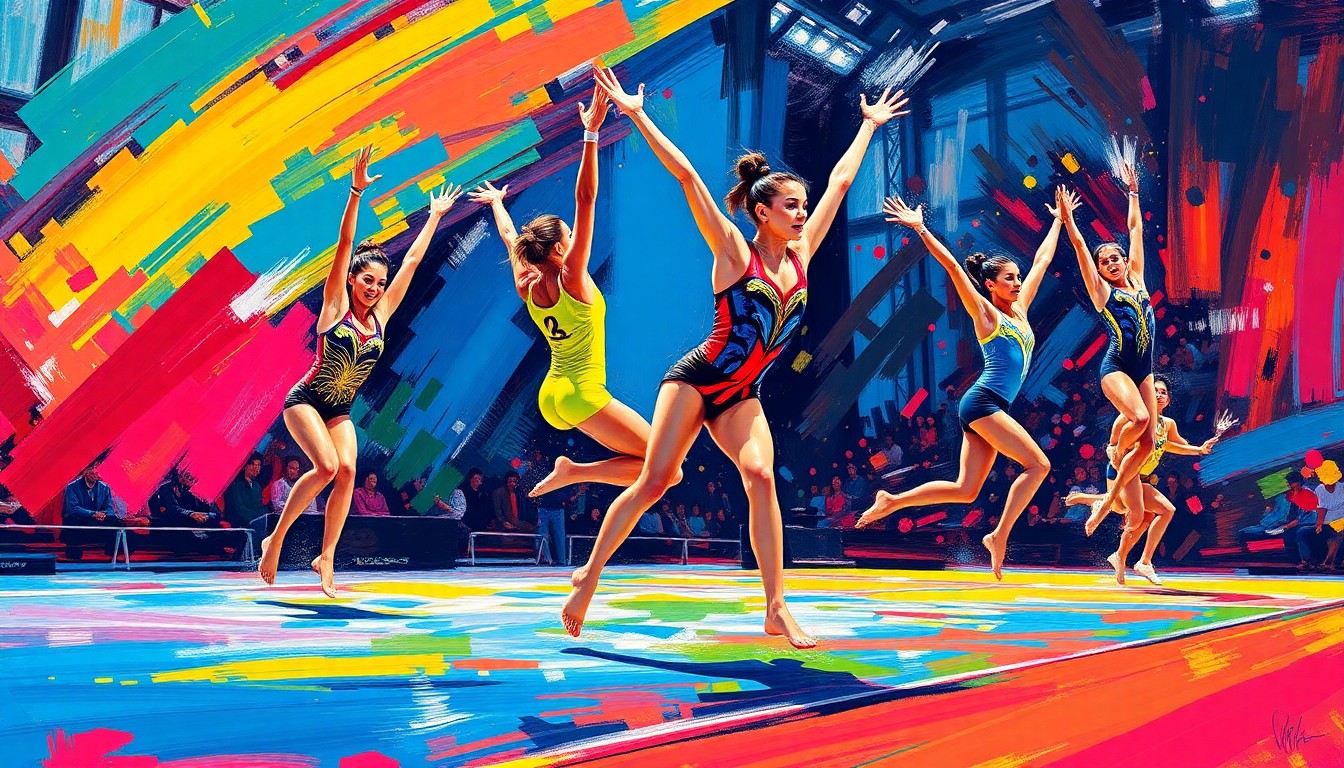 An abstract, expressionist painting featuring vibrant neon brushstrokes and dynamic, swirling movements that evoke the athleticism and intensity of collegiate gymnastics competition.