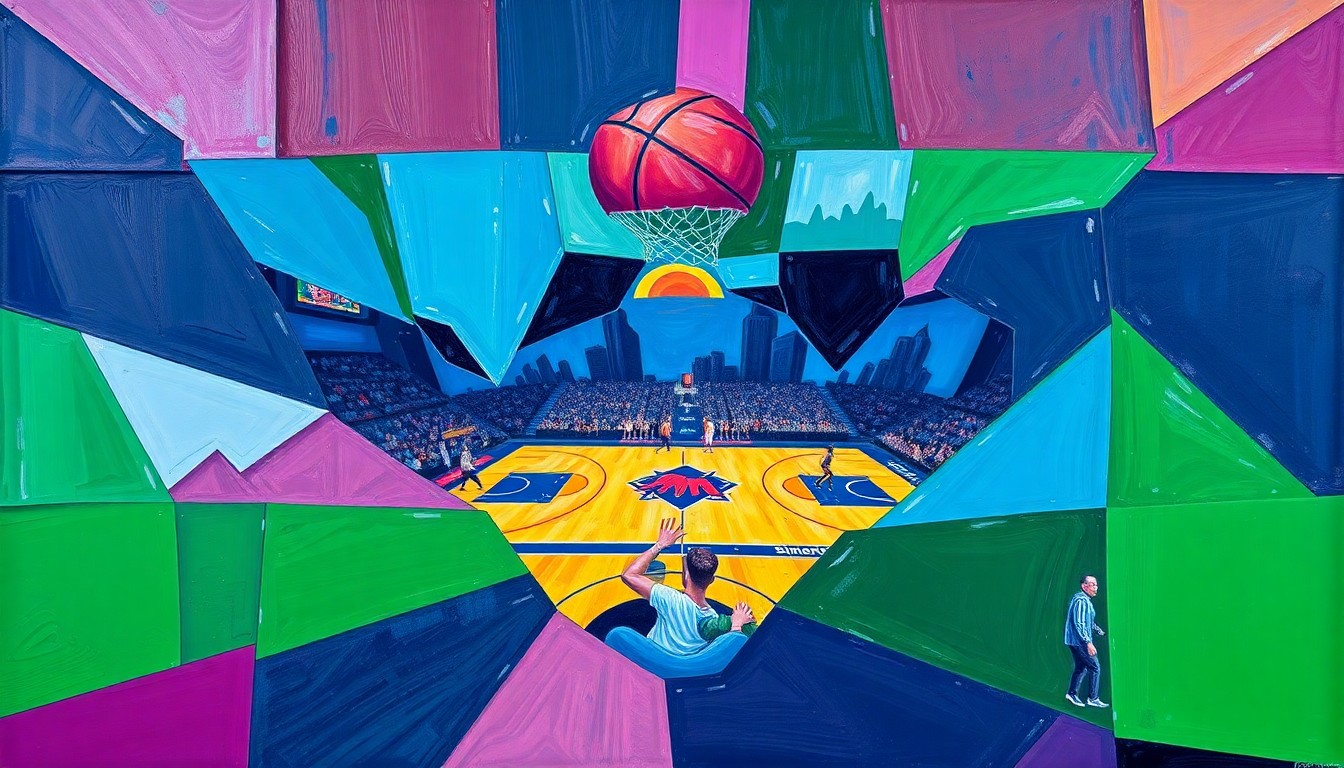A cubist, geometric painting depicting a basketball game in motion, with overlapping planes of color and shape representing the dynamic action on the court.