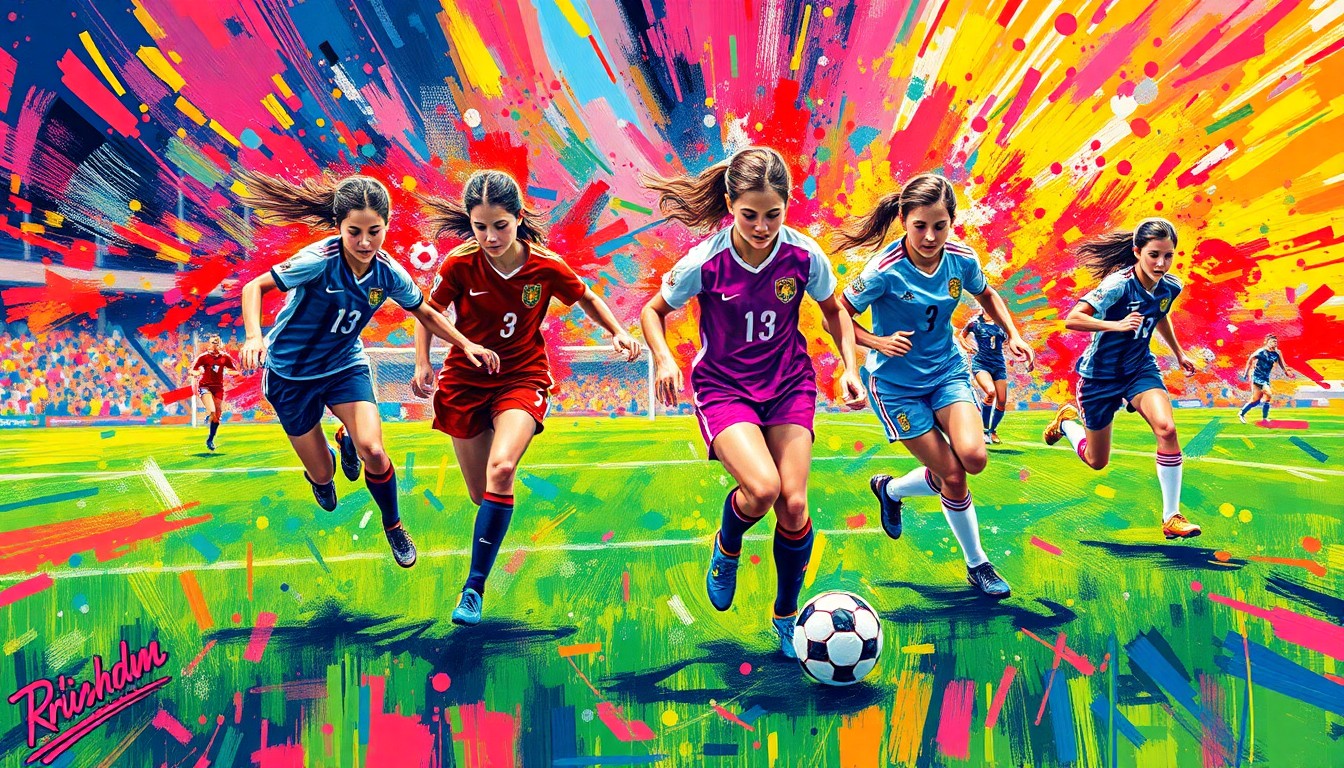 An abstract, expressionist painting in vibrant neon colors depicting the dynamic motion and energy of a girls' high school soccer match, with players' forms dissolving into colorful brushstrokes.