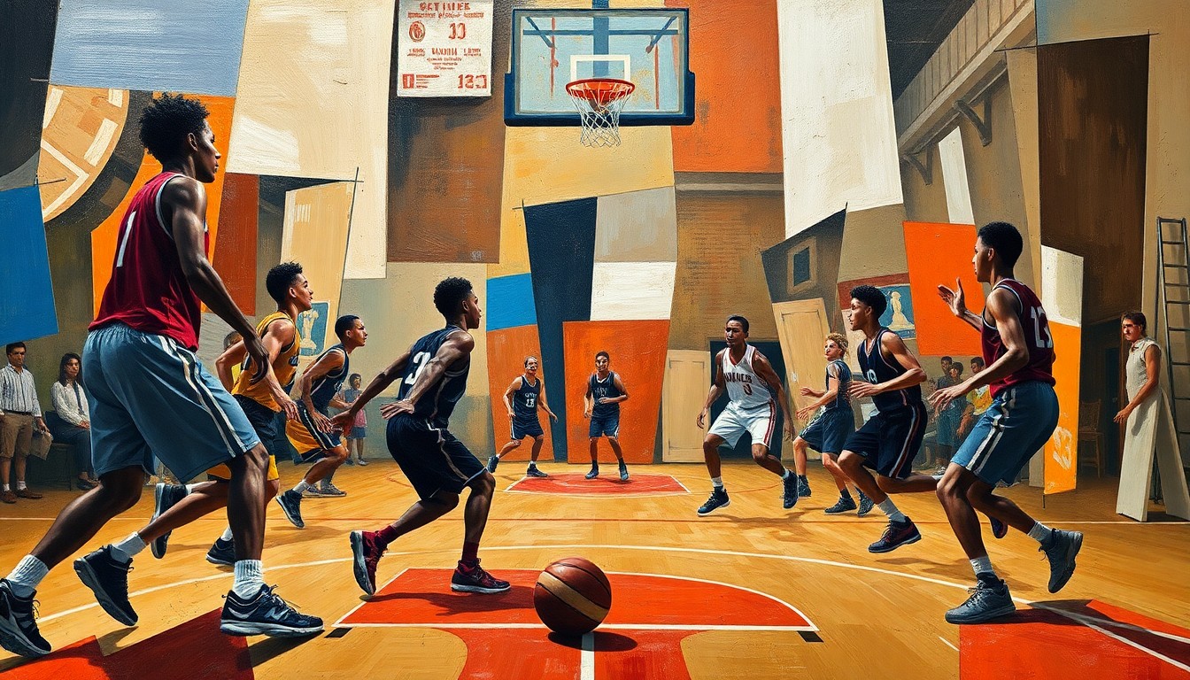 A fragmented, geometric painting depicting a high school basketball game, with the players and court broken down into sharp, overlapping shapes and planes in a cubist style.