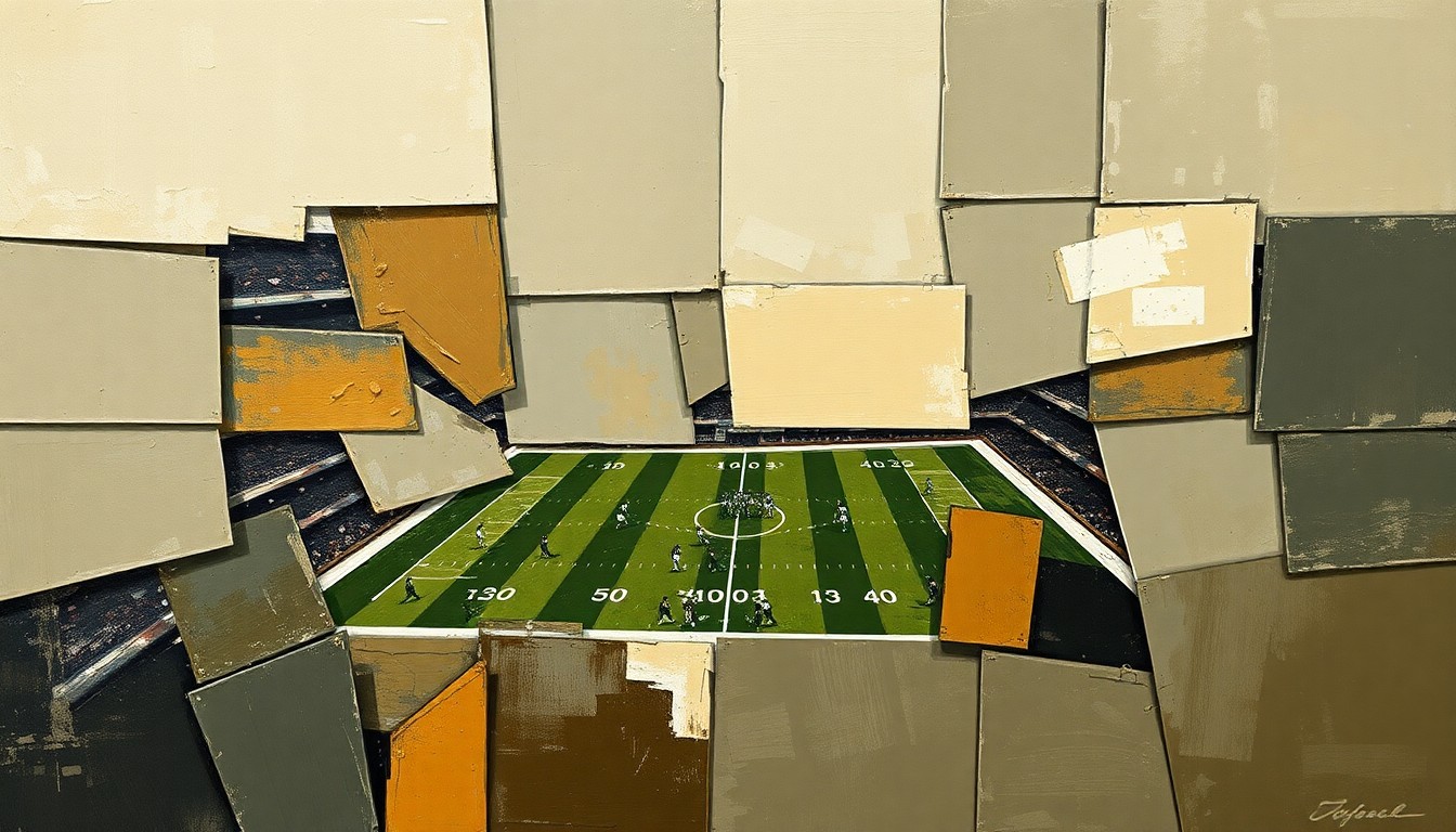 A cubist, geometric painting depicting fragmented shapes and planes in muted earth tones, conceptually representing the Ravens' draft strategy of prioritizing the best overall players over traditional positional value.