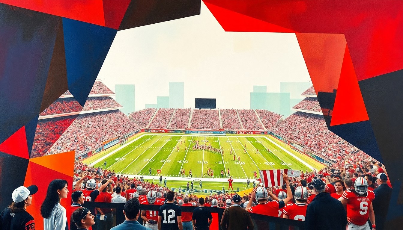A fractured, geometric painting in bold colors and angular shapes, depicting an abstracted Ohio State football game with players and field elements broken down into overlapping planes of color and form.