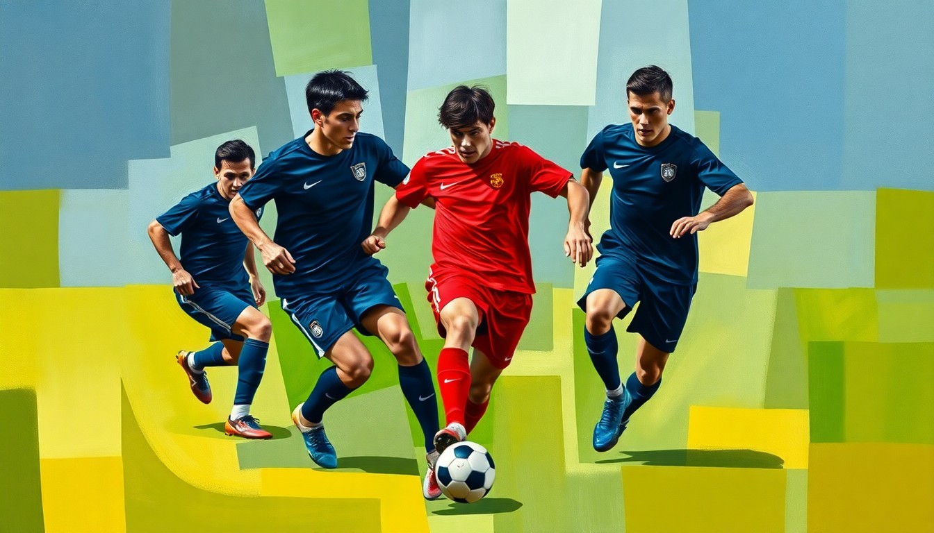 A fractured, multi-perspective painting in a cubist style, breaking down a soccer match into sharp, overlapping geometric planes of color and abstract shapes, with the players' forms deconstructed and the ball and field blending into the overall composition.