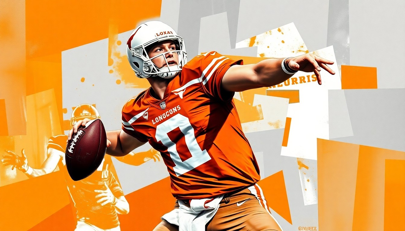 A cubist, geometric painting depicting a quarterback's throwing motion broken down into overlapping planes of burnt orange, white, and steel grey, representing the Texas Longhorns' team colors.