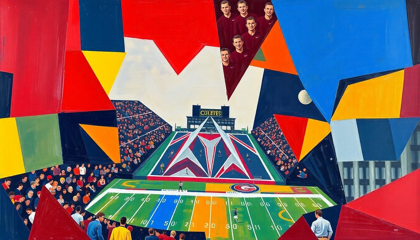 A fragmented, geometric painting in bold primary colors depicting a college football game, representing the analytical breakdown of which schools excel at developing players for the professional ranks.