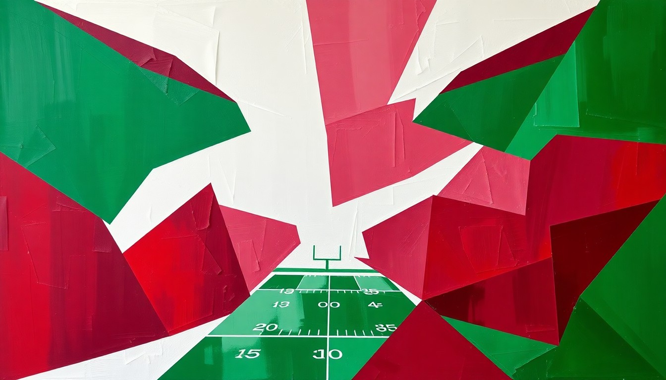 A fragmented, cubist-style painting depicting a college football game, with the players and field broken down into sharp, overlapping geometric shapes in maroon, green, and white, conveying the conceptual idea of a calendar shift disrupting the sport's familiar patterns.