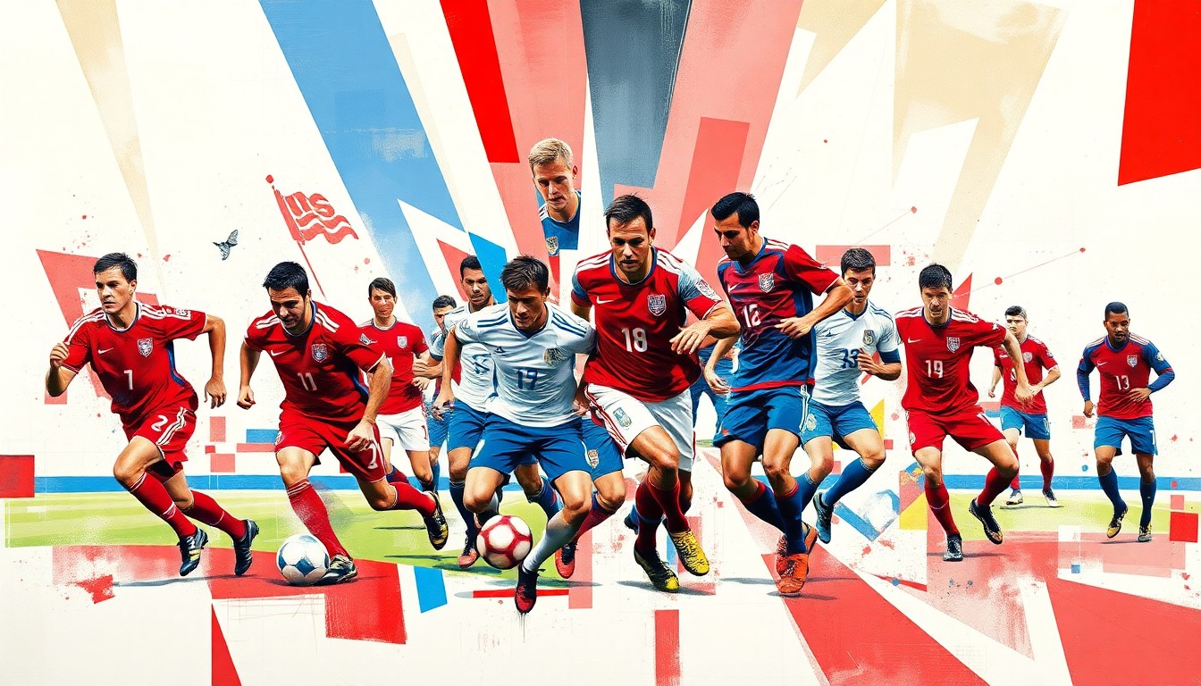 A fragmented, geometric painting in the style of Pablo Picasso, with overlapping planes of red, white, and blue representing the abstract forms of soccer players, conceptually illustrating the USMNT's defensive and goalkeeping challenges.