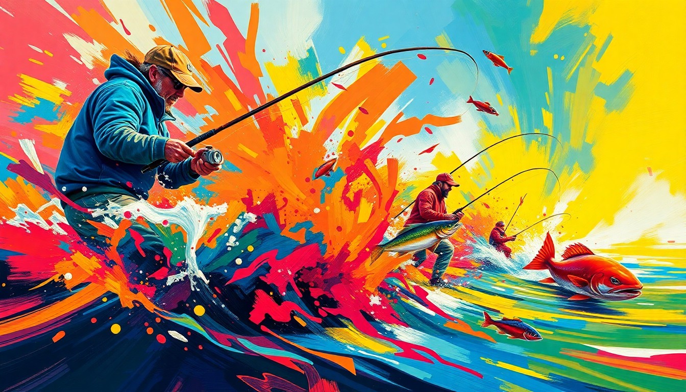 A dynamic, abstract painting in neon colors depicting the energetic motion and action of freshwater fishing, with indistinct figures of anglers and fish.