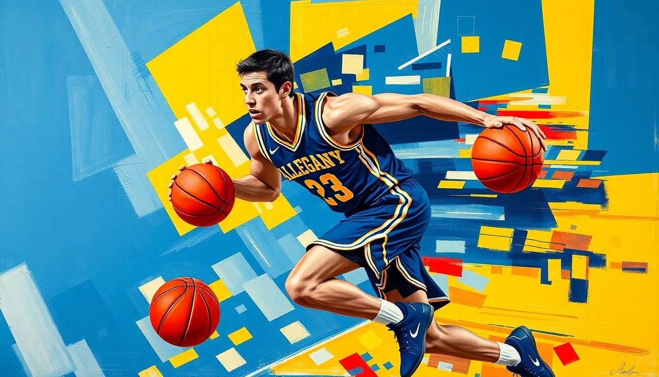 A fragmented, geometric painting depicting a basketball player in motion, with sharp planes of navy blue and gold representing the Allegany High School team colors. The abstract style captures the dynamic energy and athleticism of the player.