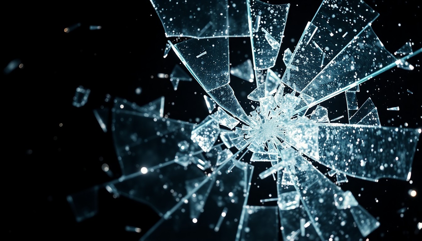 An abstract close-up image of shattered glass reflecting dramatic studio lighting, conveying a sense of high-stakes tension and suspense.