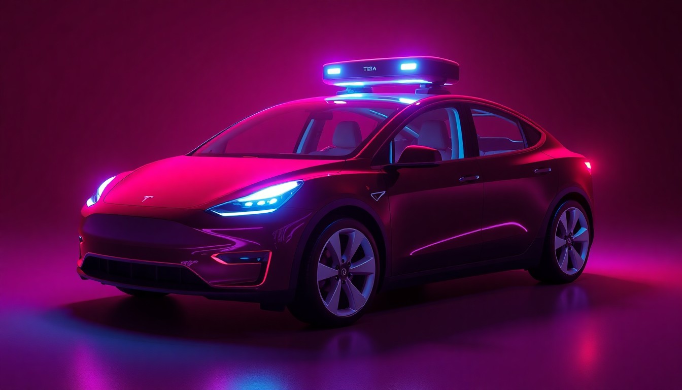 A highly detailed, glowing 3D illustration of a Tesla Model Y electric vehicle with its sensors and autonomous driving systems illuminated by neon cyan and magenta lights, conceptually representing the advanced technology powering Tesla's robotaxi service.