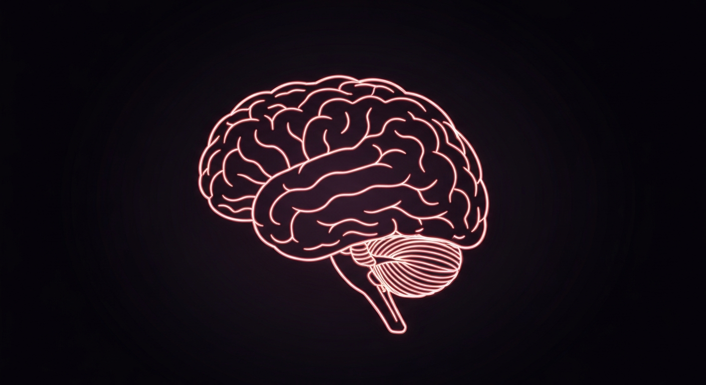 A glowing, neon outline of a human brain against a dark background, representing the concept of cognitive wellness and brain health in a minimalist, electric style.
