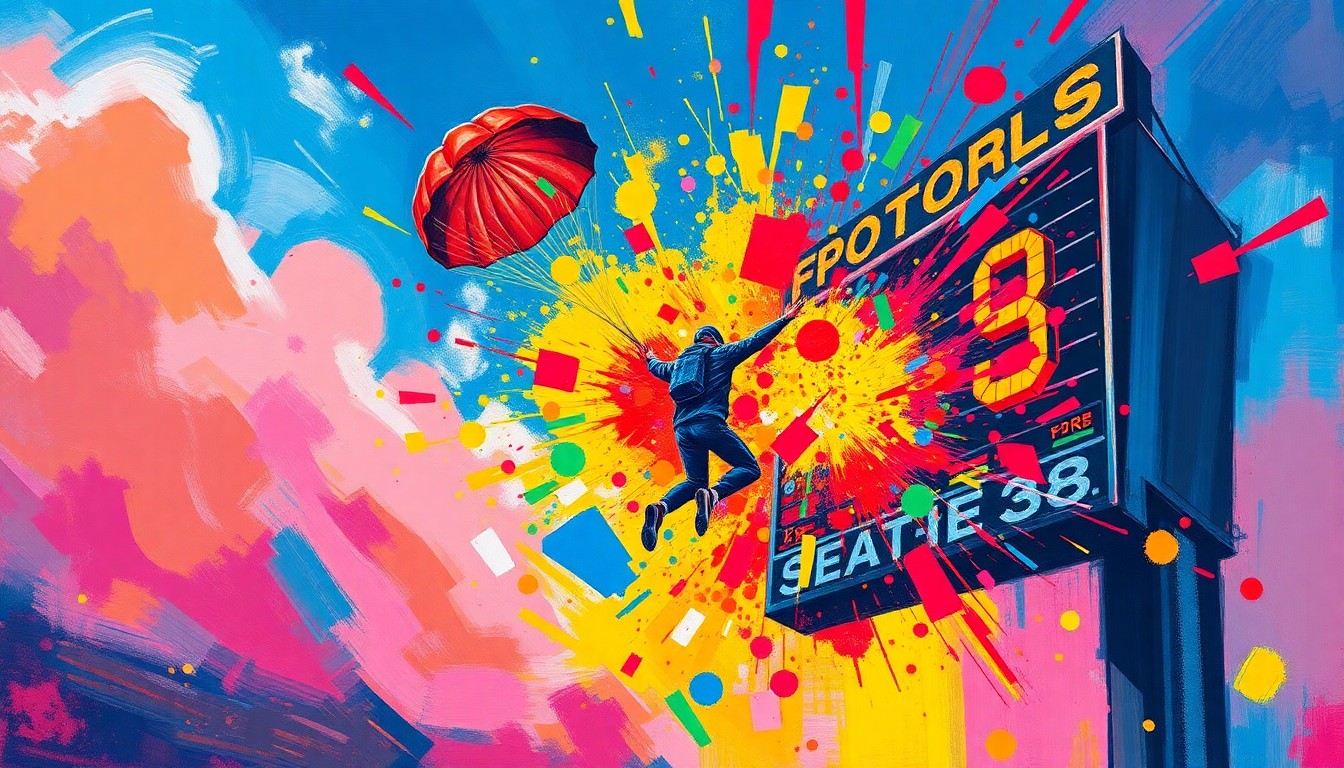 An abstract, expressionist painting in vibrant neon colors depicting the chaotic moment when a skydiver's parachute becomes stuck on a scoreboard, the figure dissolving into frenzied brushstrokes.