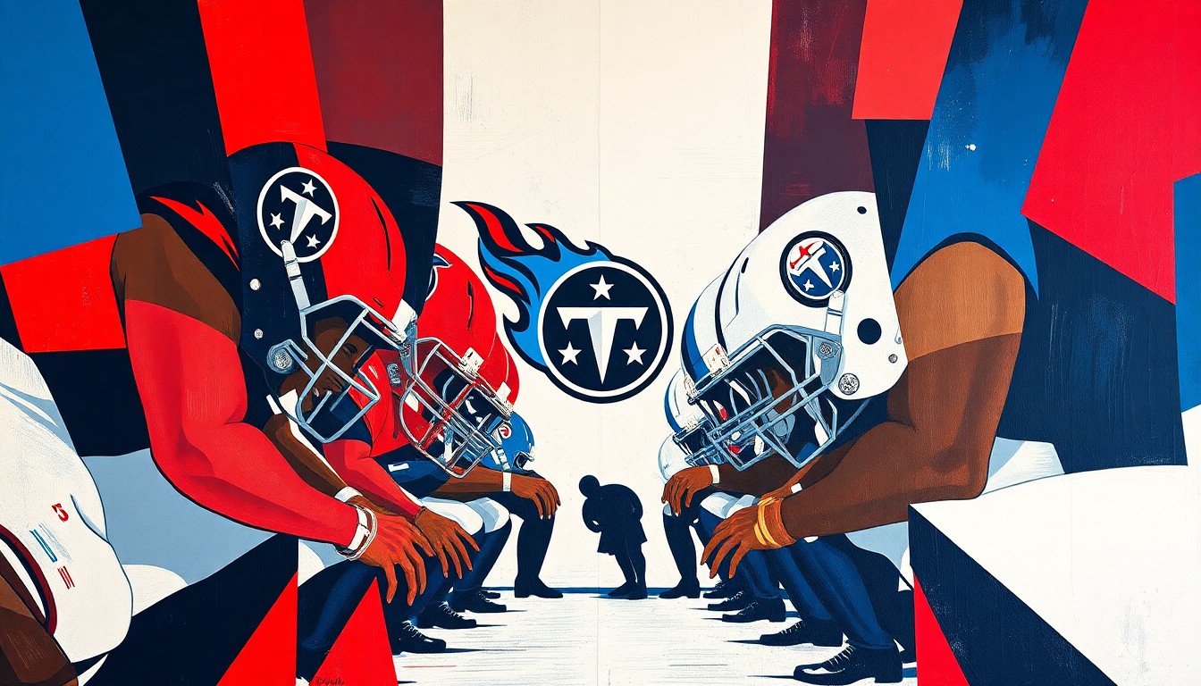 A cubist, geometric painting depicting an offensive line in motion, with players' bodies and equipment fractured into sharp, overlapping planes of navy blue, red, and white.