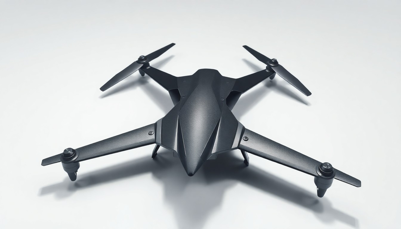 A photorealistic studio still life of a sleek, angular military drone model made of polished metal and carbon fiber, floating on a clean white background with dramatic lighting and sharp shadows, conceptually representing the precision and power of autonomous aerial warfare technology.