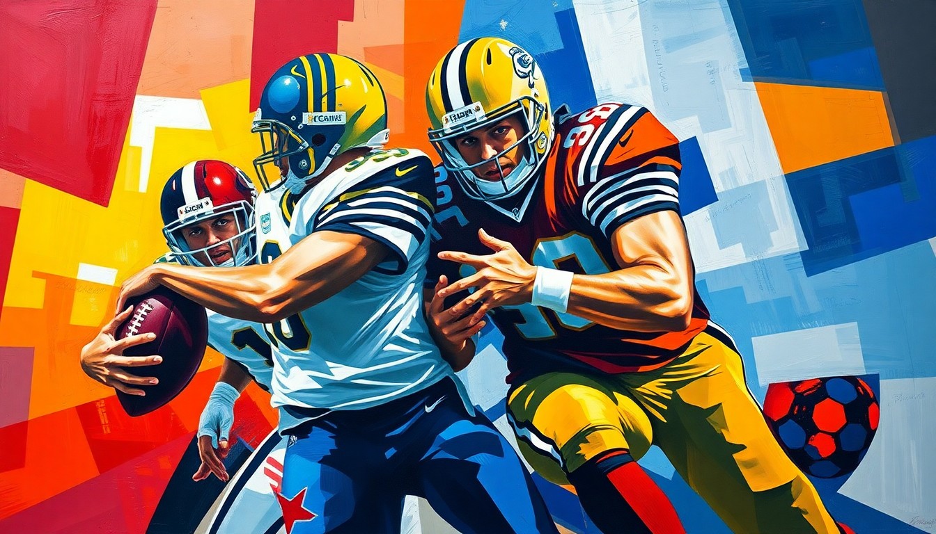 A fractured, multi-perspective painting in vibrant colors, breaking down the football actions of the Hernandez brothers into sharp, overlapping geometric planes, conceptually representing their distinct playing styles and contributions to the sport.