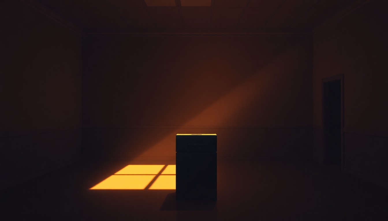A photorealistic painting of a lone ballot box sitting on a desk in a dimly lit government office, with warm sunlight streaming in through a window and casting deep shadows across the room, conveying a sense of quiet contemplation and the weight of the electoral process.