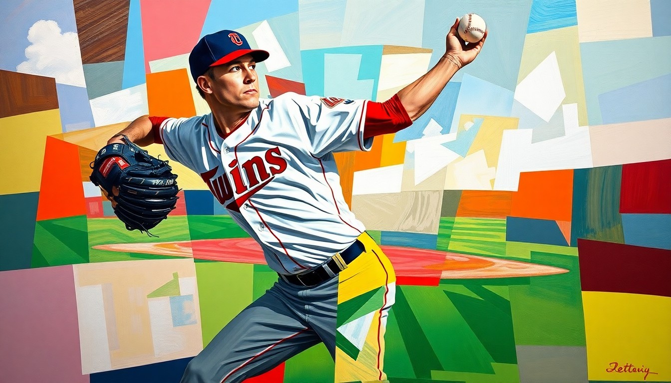 A fragmented, geometric painting depicting a baseball pitcher's throwing motion, with sharp planes of color representing the Twins and Reds uniforms, conveying the tension and drama of a late-inning collapse.