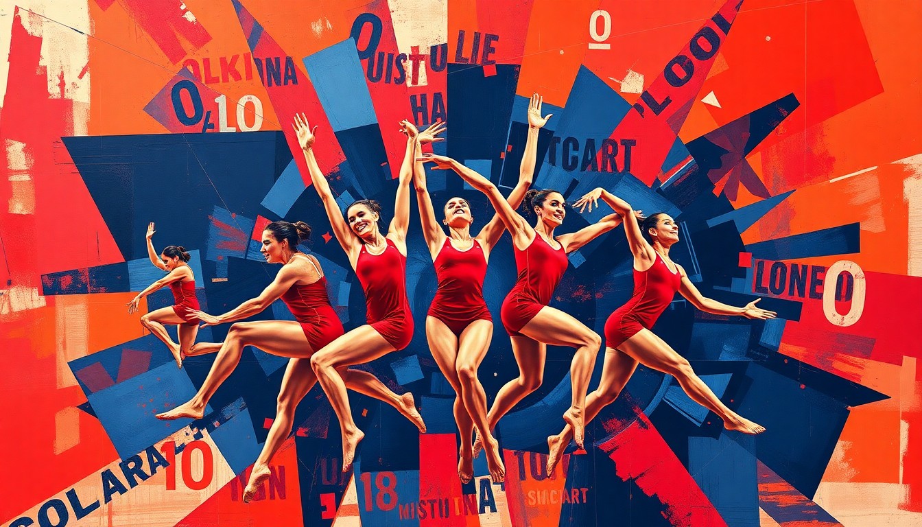 A fractured, multi-perspective painting depicting the dynamic movements and energy of a gymnastics competition, with sharp, overlapping geometric planes in vibrant shades of red, orange, and blue.