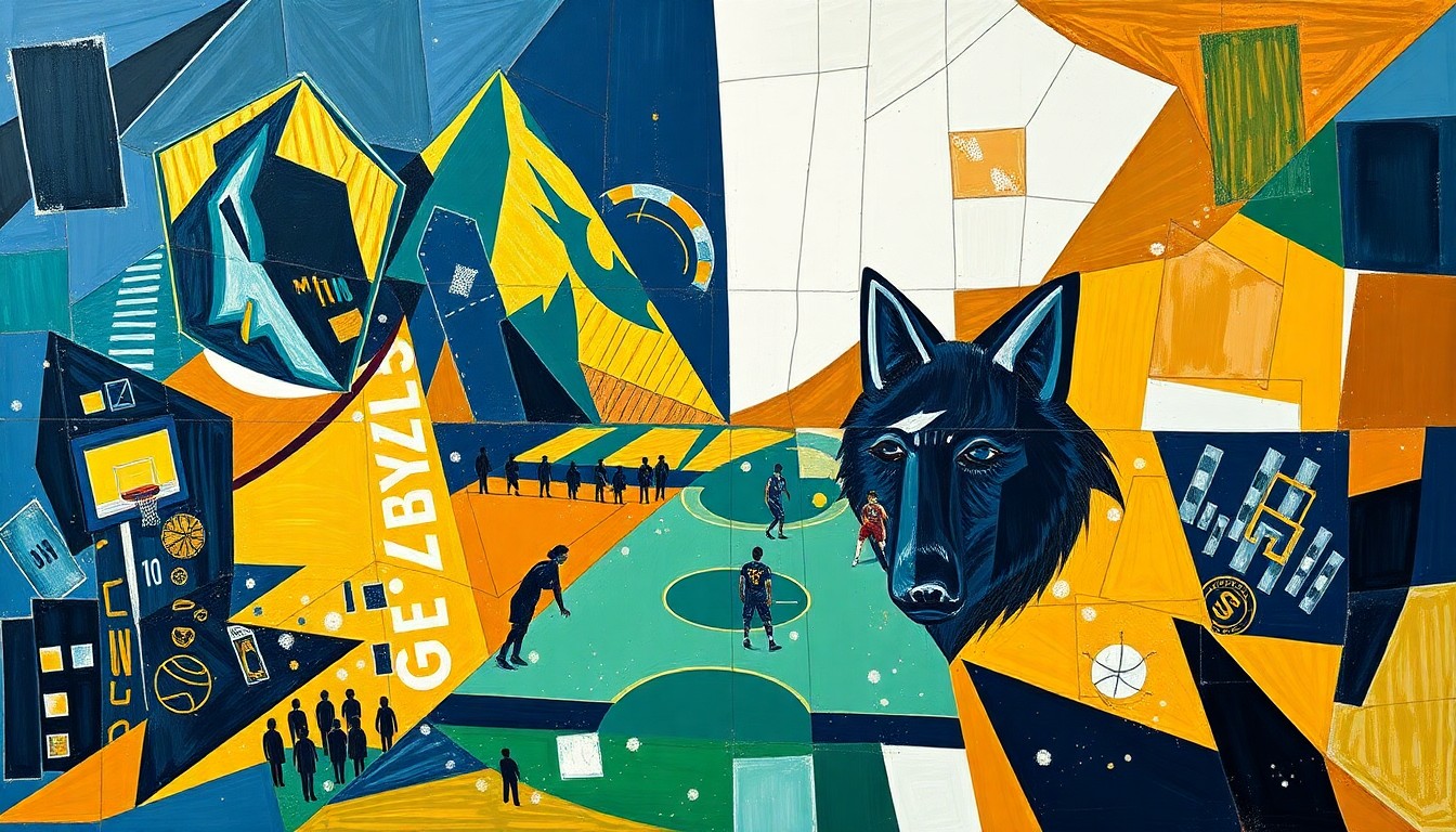 A fractured, cubist-style painting depicting the action and energy of a basketball game, with overlapping geometric shapes and planes in the official colors of the Denver Nuggets and Minnesota Timberwolves.