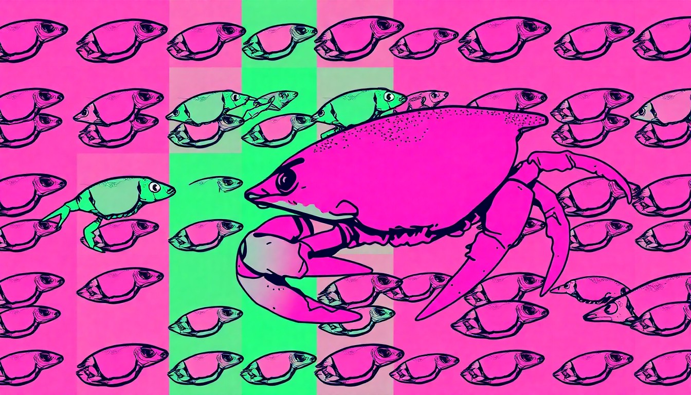 A vibrant, high-contrast silkscreen print of a single, iconic seafood item repeated in a grid, capturing the bold, flavorful essence of the local restaurant's cuisine.