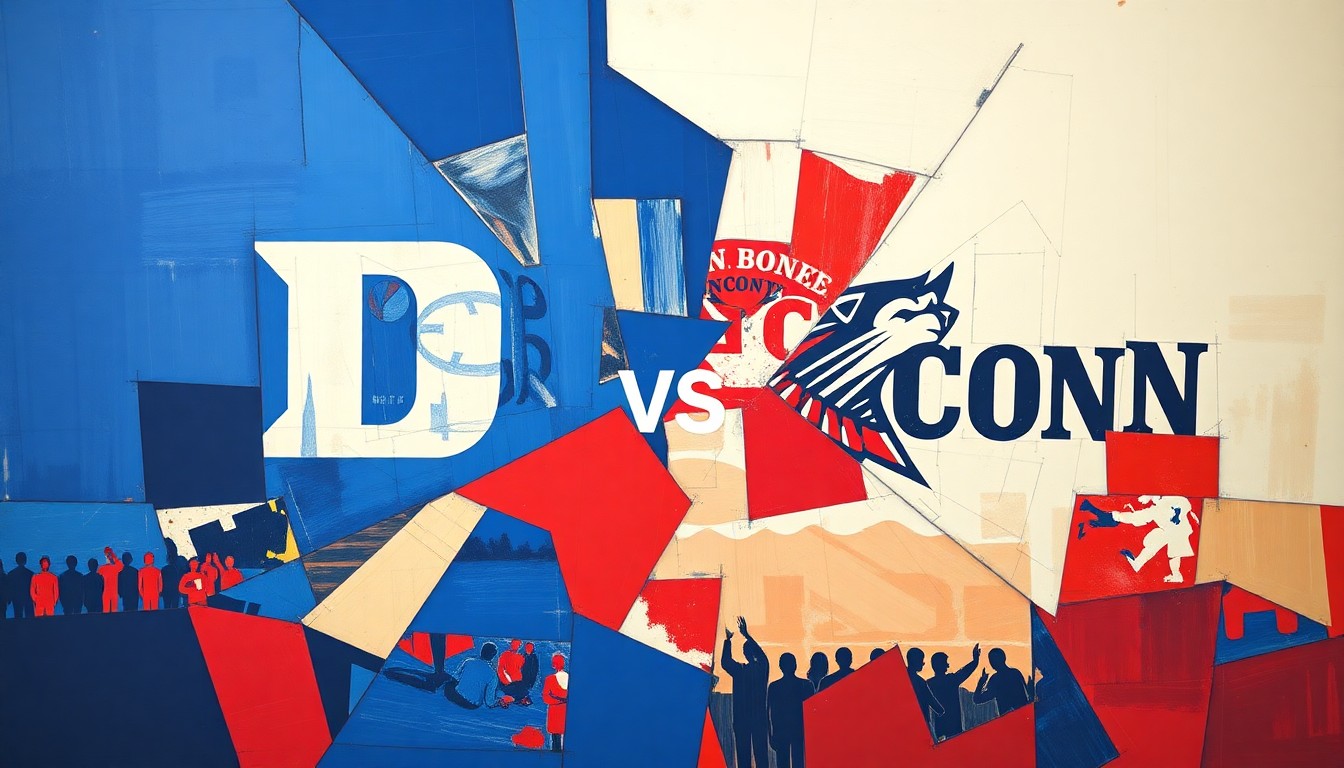 A cubist, geometric painting depicting the action and energy of a college basketball game between Duke and UConn, with sharp, overlapping planes of vibrant blue, red, and white colors.